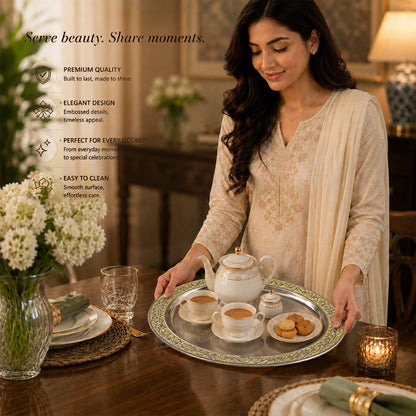 Diviniti Silver-Plated Oval Decorative Tray with Green Enamel Accents | Luxury Serving Platter for Dry Fruits, Sweets & Premium Gifting