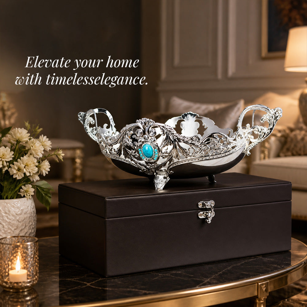 Diviniti German Silver Decorative Bowl with Turquoise Stone Accent & Luxury Gift Box on a table.
