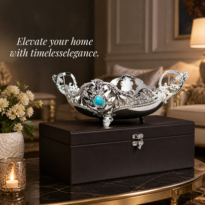 Diviniti German Silver Decorative Bowl with Turquoise Stone Accent & Luxury Gift Box on a table.
