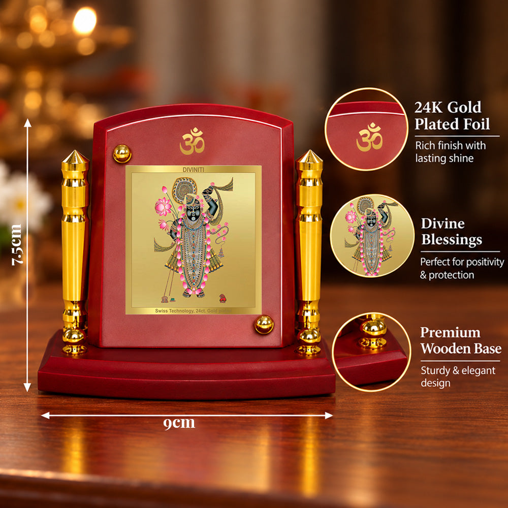 24K Gold-Plated Lord Shrinath Ji MDF Car Dashboard Frame | 7.5x9 CM