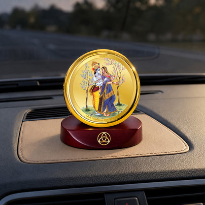 24K Gold-Plated Radha Krishna With Peacock Car Dashboard Frame | 5x5 CM