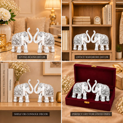 999 Silver-Plated Elephant Pair | Premium Gift Box | 11x12 CM