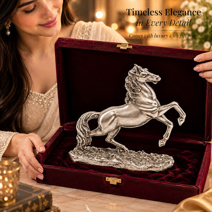 999 Antique Silver-Plated Jumping Horse Idol | Premium Gift Box | 17x22 CM