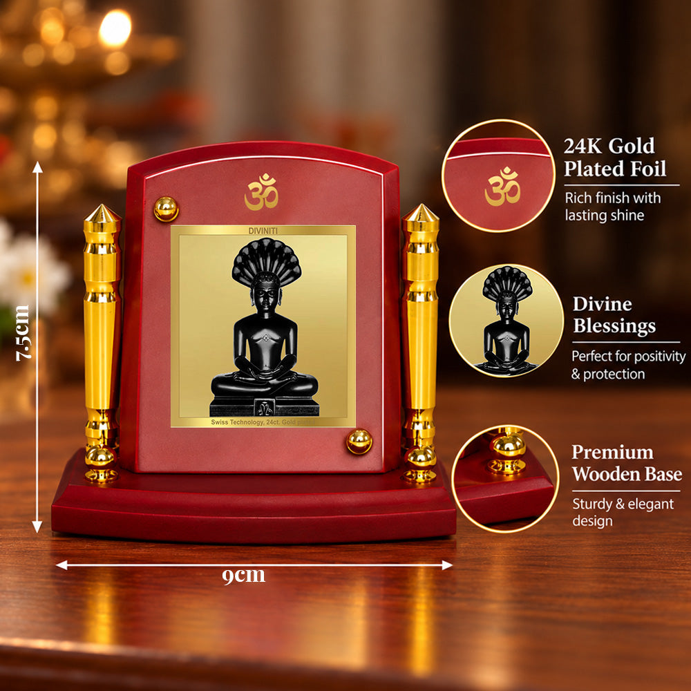 24K Gold-Plated Parshwanath Ji MDF Car Dashboard Frame | 7.5x9 CM