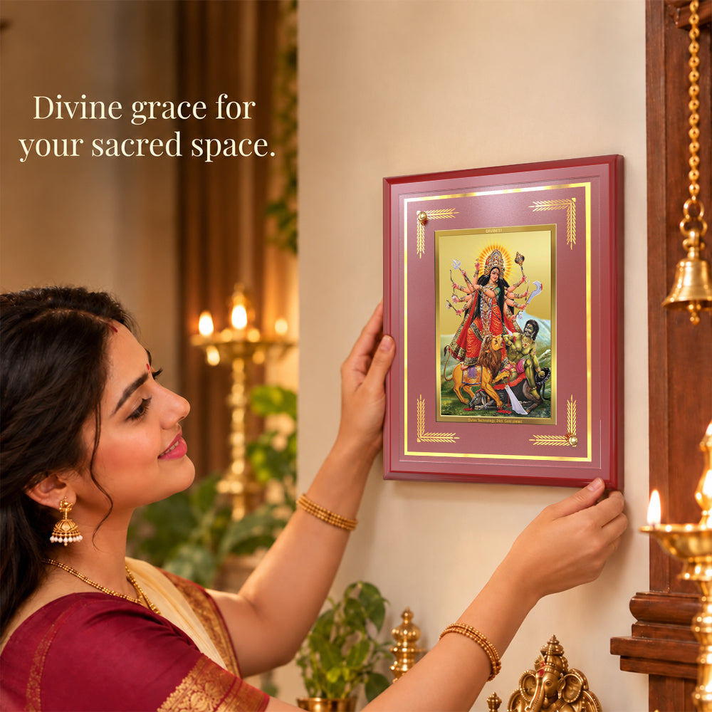 24K Gold-Plated Durga Mahishasur Mardini MDF Frame | Premium Gift Box | 26x20 CM