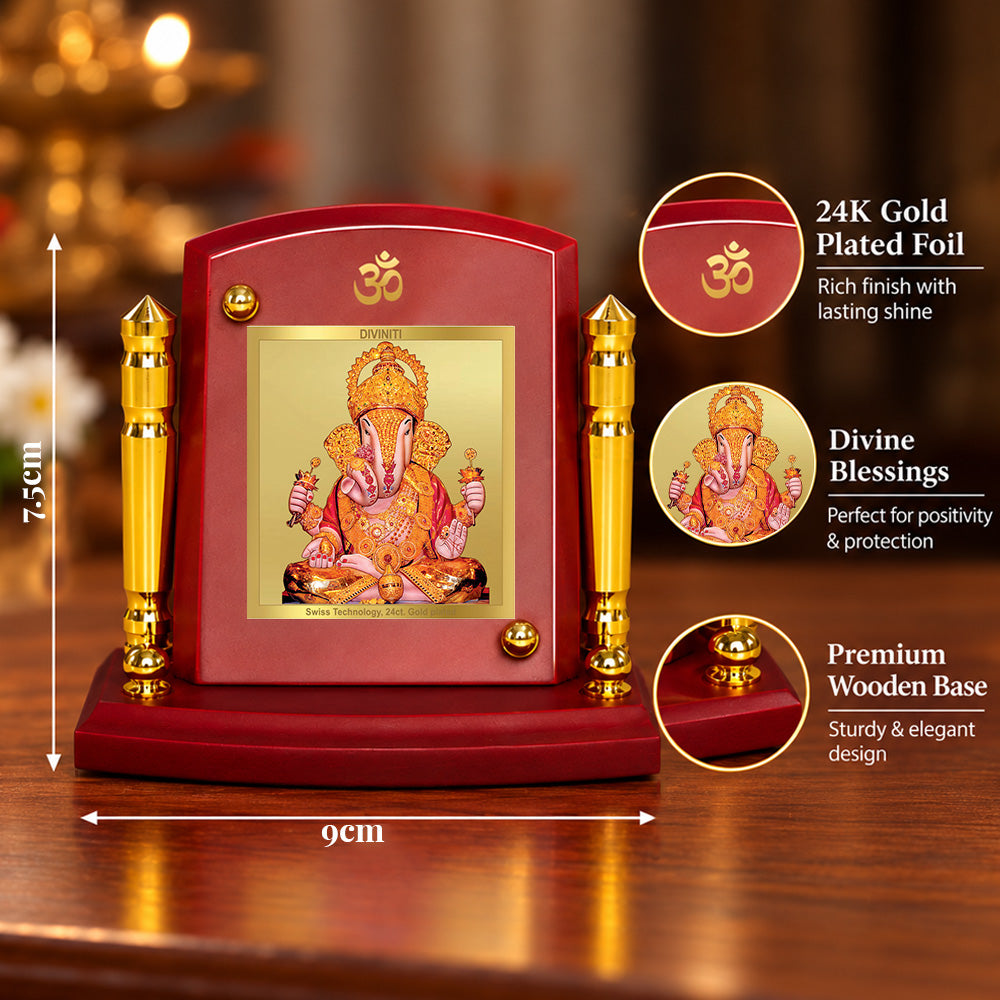 24K Gold-Plated Dagadu Ganesha MDF Car Dashboard Frame | 7.5x9 CM