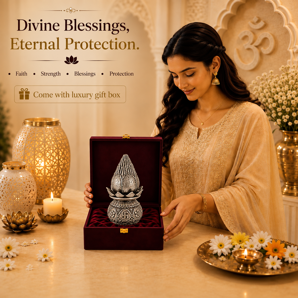 999 Silver-Plated Antique Lakshmi Kalash with Coconut | Gift Box | 16x8 CM