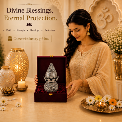 999 Silver-Plated Antique Lakshmi Kalash with Coconut | Gift Box | 16x8 CM