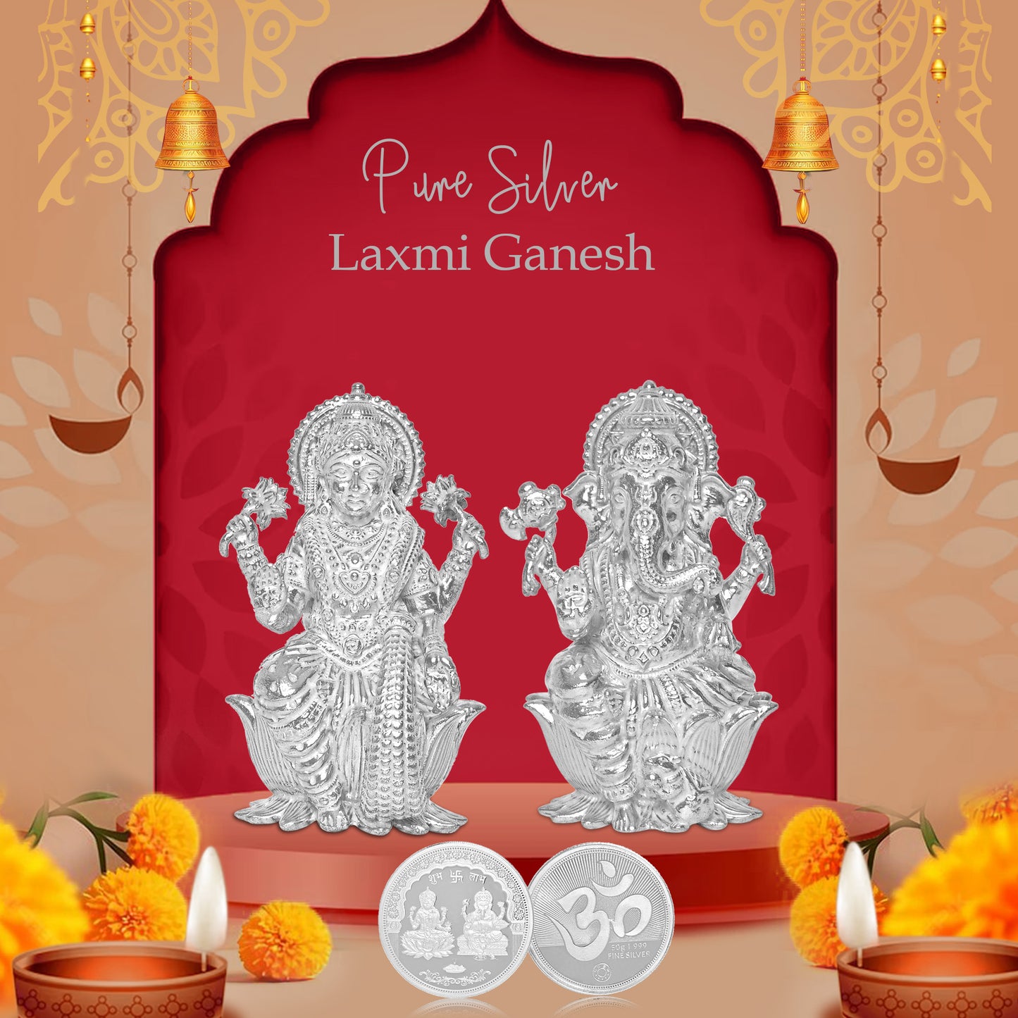 DIVINITI Pure Silver Coin Laxmi Ganesh & Swastik Symbol of Prosperity and Blessings for Home & Office Décor, Puja Room Diwali Gift (50g)