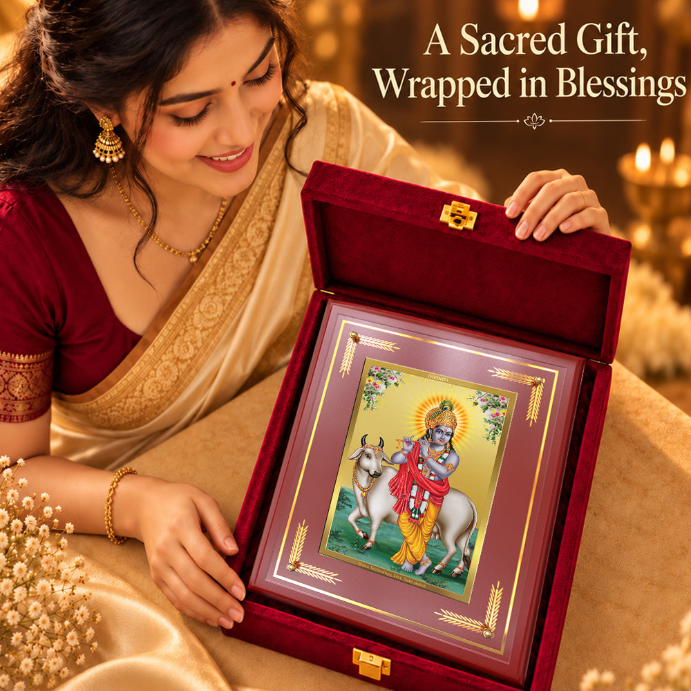 24K Gold-Plated Lord Krishna with Surbhi Cow MDF Frame | Premium Gift Box | 27x35 CM