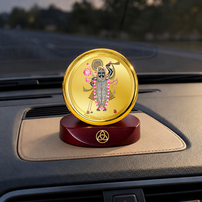 24K Gold-Plated Lord Shrinath Ji Car Dashboard Frame | 5x5 CM