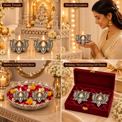 999 Silver-Plated Antique Lotus Diya Pair | Premium Gift Box | 8x8 CM