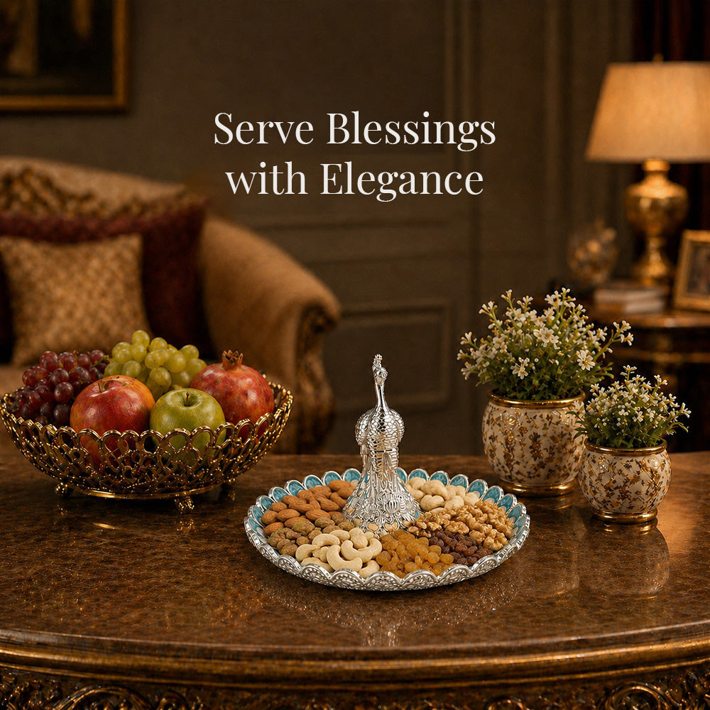 Diviniti Turquoise Blue Peacock German Silver Platter with Gift Box featuring elegant nuts and fruits display.