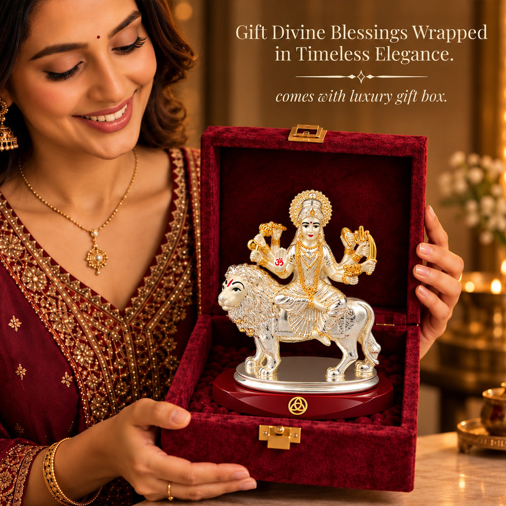 DIVINITI 999 Silver-Plated Sherawali Mata Idol | Car & Home Decor | Gift Box | 10x5 CM
