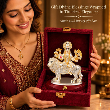 DIVINITI 999 Silver-Plated Sherawali Mata Idol | Car & Home Decor | Gift Box | 10x5 CM