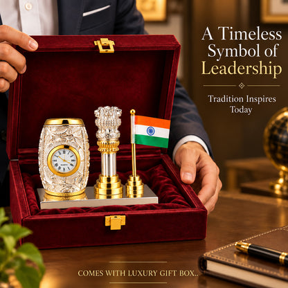 999 Silver-Plated Dual-Tone Ashoka Stambh Pen Stand | Premium Gift Box | 12x15 CM