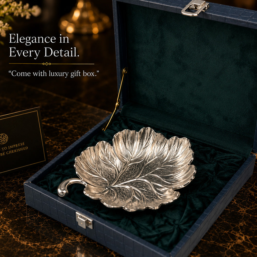 Diviniti Silver-Plated Leaf Decorative Bowl | Luxury Leaf-Shaped Serving Bowl for Dry Fruits, Sweets & Home Décor