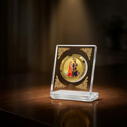 24K Gold Plated Radha Krishna With Cow Acrylic Car Dashboard Frame | 8x7 CM