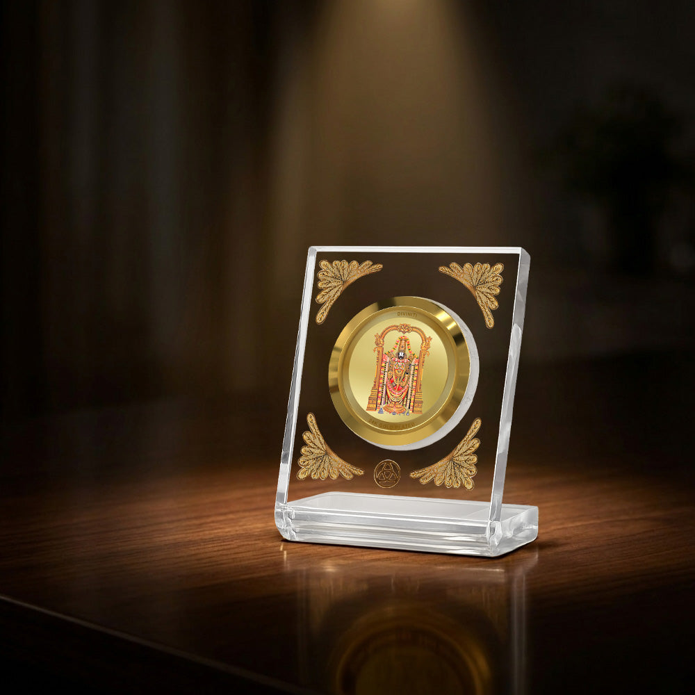 24K Gold-Plated Lord Tirupati Balaji Acrylic Car Dashboard Frame | 8x7 CM