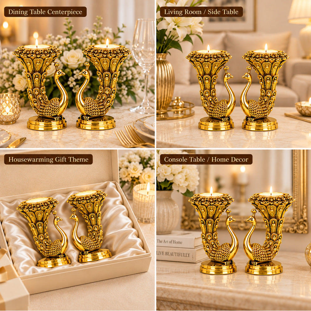 999 Gold-Plated Peacock Candle Holder Pair | Premium Gift Box | 10x8 CM