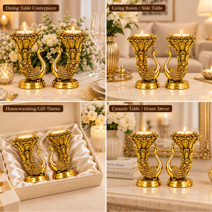 999 Gold-Plated Peacock Candle Holder Pair | Premium Gift Box | 10x8 CM