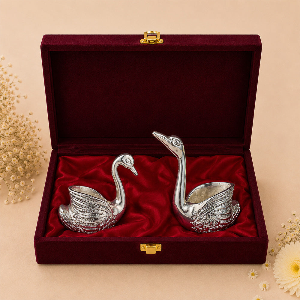 Diviniti 999 Silver Plated Swan Pair Diya Set with Luxury Gift Box | Antique Finish Home Décor