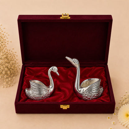 Diviniti 999 Silver Plated Swan Pair Diya Set with Luxury Gift Box | Antique Finish Home Décor