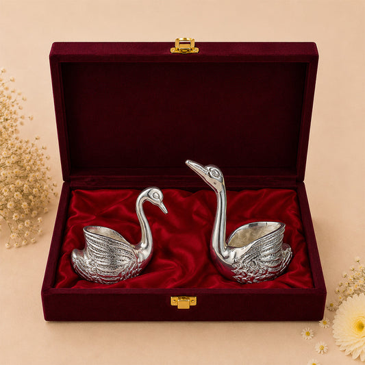 Diviniti 999 Silver Plated Swan Pair Diya Set with Luxury Gift Box | Antique Finish Home Décor
