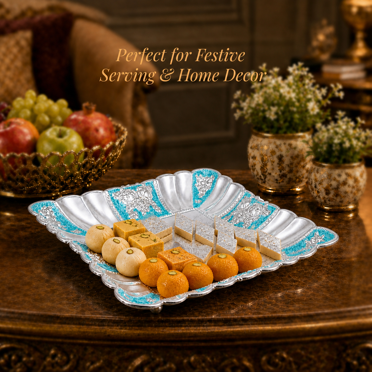 Diviniti Turquoise German Silver Decorative Platter with Luxury Gift Box