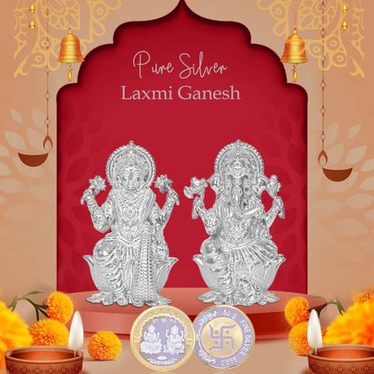 DIVINITI Pure Silver Coin with 24K Gold Plated Laxmi Ganesh & Swastik Exquisite Emblem of Wealth and Blessings for Home & Office Décor, Puja Room Diwali Gift (50g)