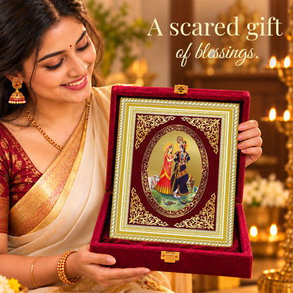 24K Gold-Plated Radha Krishna With Cow Frame | Premium Gift Box | 26x20 CM