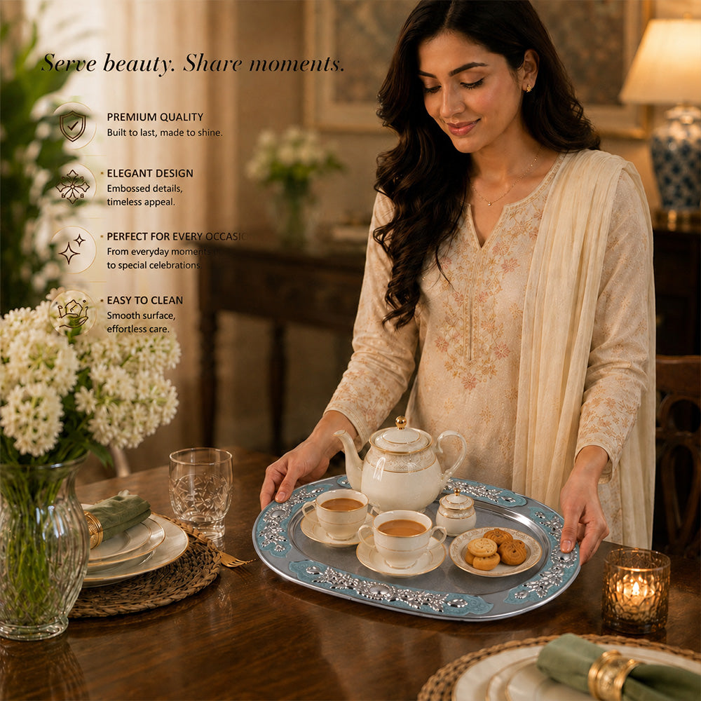 Diviniti Silver-Plated MOP Decorative Tray with Turquoise Accents | Luxury Oval Serving Platter for Dry Fruits, Sweets & Premium Gifting