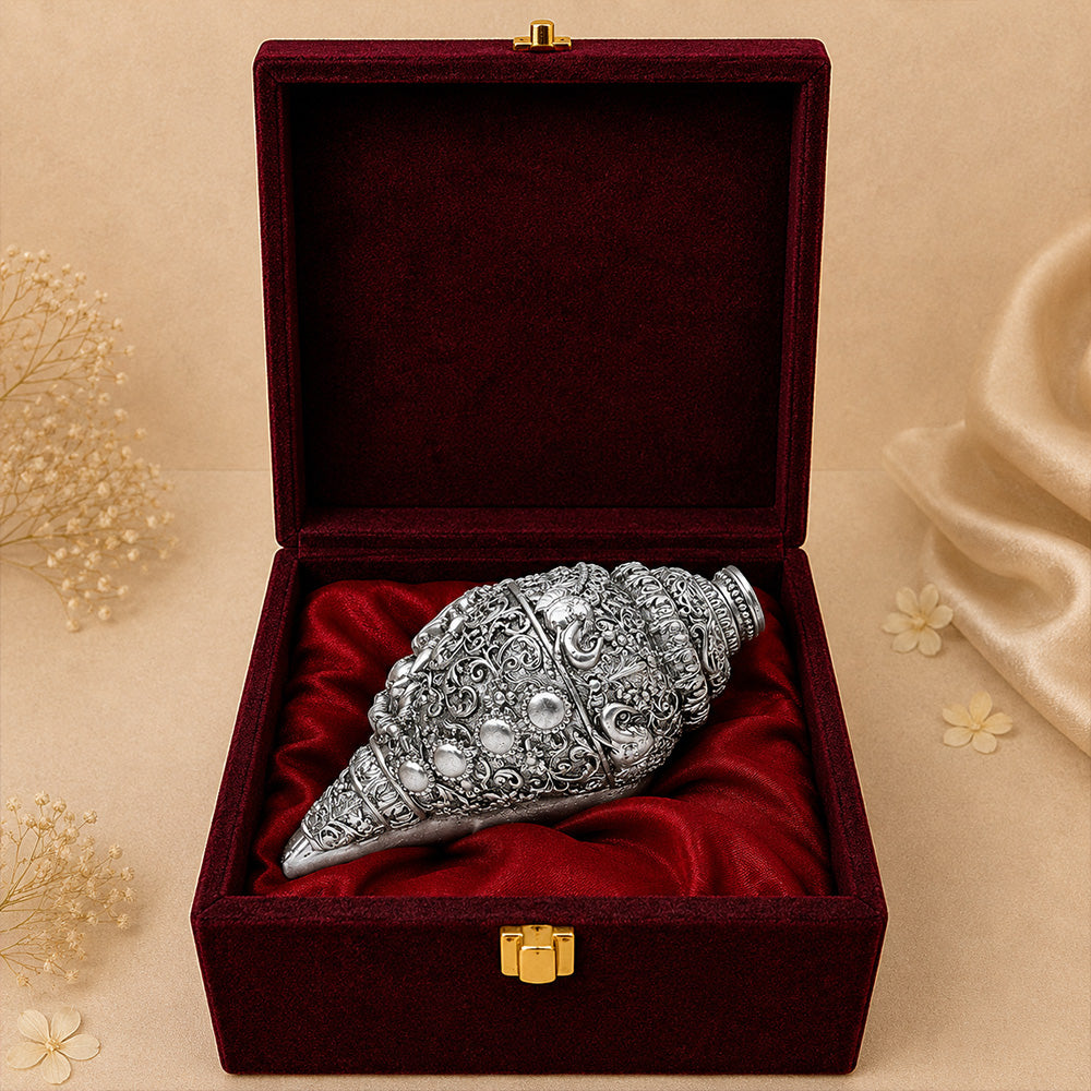 Diviniti 999 Silver Plated Antique Ganesha Shankh Decorative Conch with Gift Box