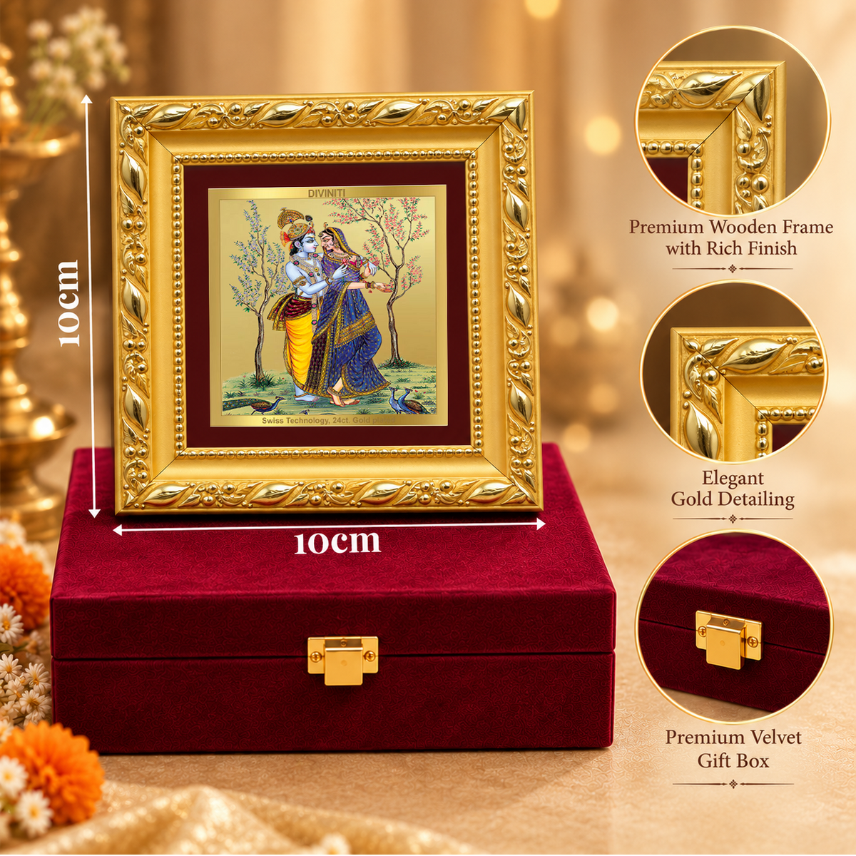 24K Gold-Plated Radha Krishna Frame | Premium Gift Box | 10x10 CM