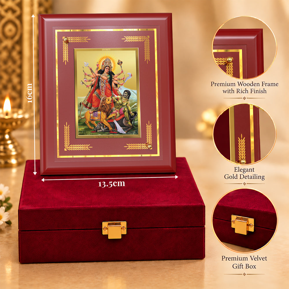 24K Gold-Plated Durga Mahishasura Mardini MDF Frame | Premium Gift Box | 13.5x16 CM