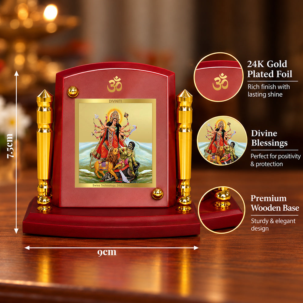 24K Gold-Plated Durga Mahishasura Mardini MDF Car Dashboard Frame | 7.5x9 CM