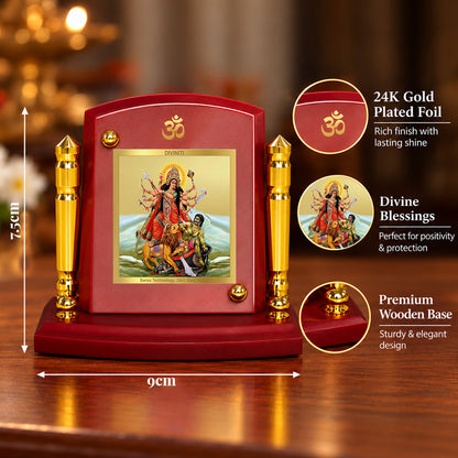 24K Gold-Plated Durga Mahishasura Mardini MDF Car Dashboard Frame | 7.5x9 CM