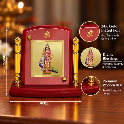 24K Gold-Plated Lord Murugan MDF Car Dashboard Frame | 7.5x9 CM