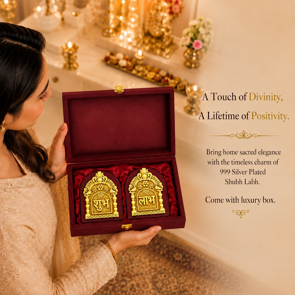 24K Gold-Plated Subh Labh Pair | Premium Gift Box | 11x8 CM