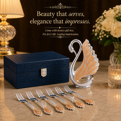 Diviniti Premium Silver-Plated Swan Cutlery Holder | Elegant Peach Spoon & Fork Stand for Table Décor
