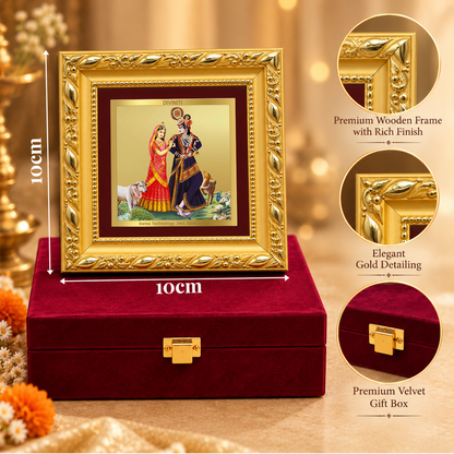 24K Gold-Plated Radha Krishna with Cow Frame | Premium Gift Box | 10x10 CM