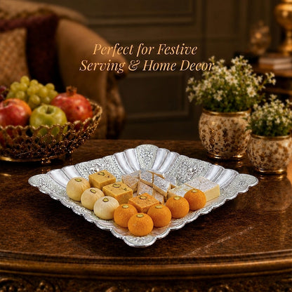 Diviniti German Silver Decorative Platter with Luxury Gift Box featuring festive sweets and fruits for home décor.