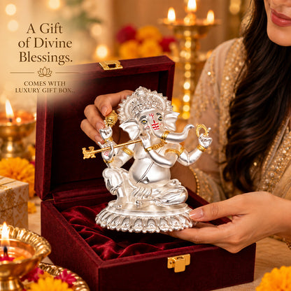 999 Silver-Plated Dual-Tone Bansuri Ganesha Idol | Premium Gift Box | 16x14 CM
