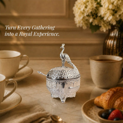 Diviniti Luxury Silver-Plated Peacock Sugar Bowl | Elegant White Lidded Serving Pot for Festive Gifting