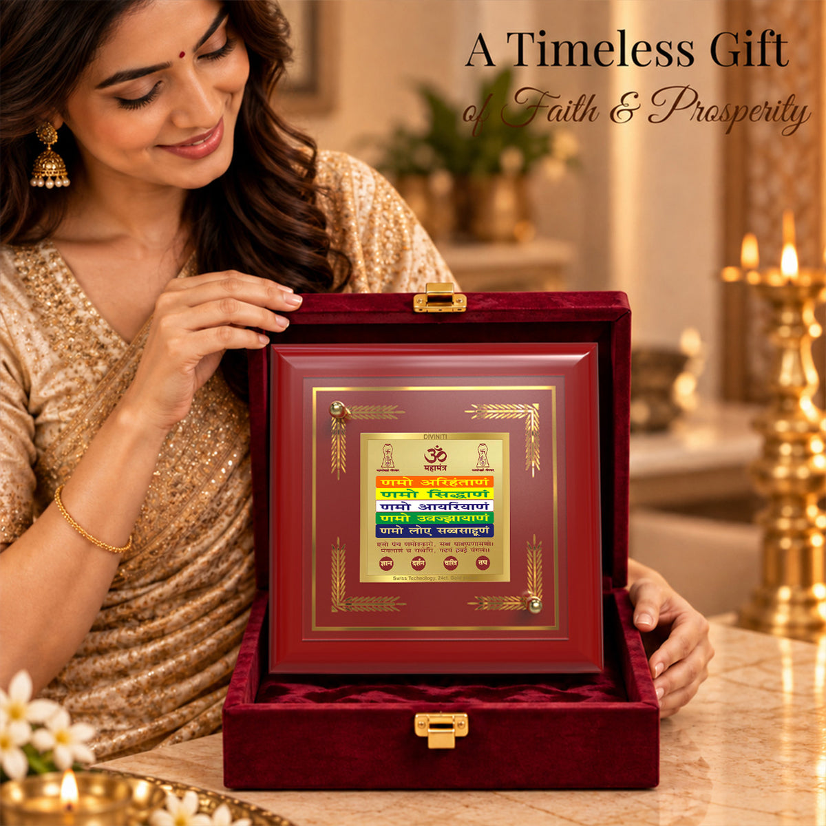 24K Gold-Plated Namokar Mantra MDF Frame | Premium Gift Box | 10x10 CM