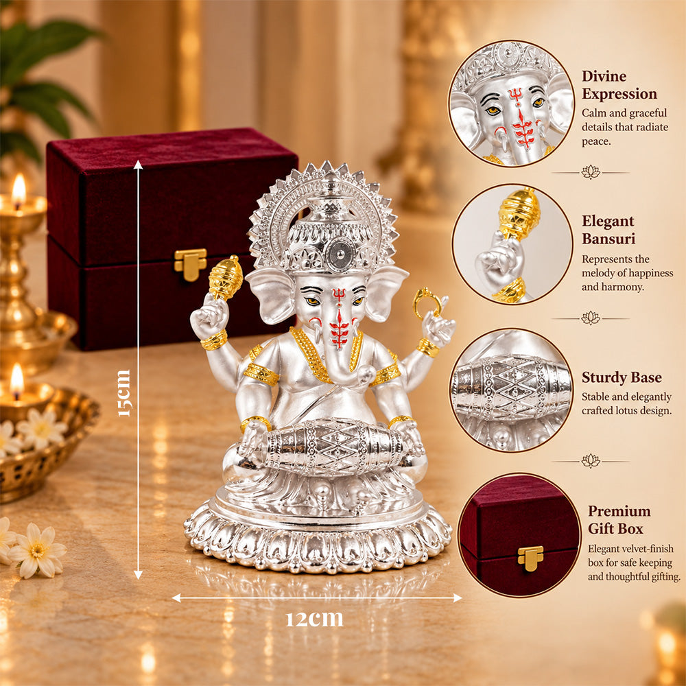 999 Silver-Plated Dual-Tone Dholak Ganesha Idol | Premium Gift Box | 15x12 CM