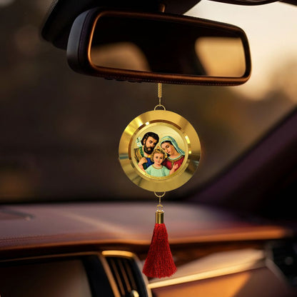 Diviniti 24K Gold Plated Double-Sided Holy Family & Holy Cross Car Dangler (5.5 cm) | Divine Hanging Car Decor for Protection, Positive Energy & Spiritual Blessings