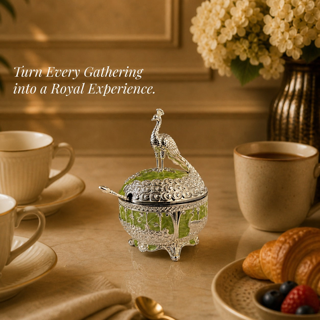 Diviniti German Silver Peacock Sugar Bowl with Spoon in a luxury setting with tea and pastries.