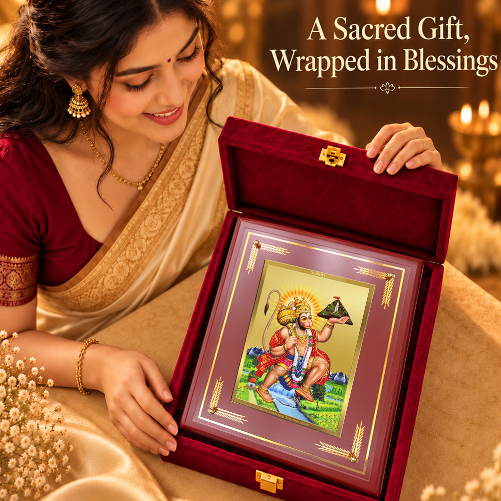 24K Gold-Plated Hanuman with Sanjeevani Mountain MDF Frame | Premium Gift Box | 27x35 CM