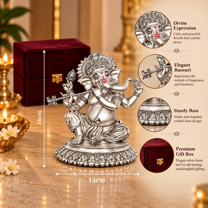 999 Silver-Plated Antique Bansuri Ganesha Idol | Gift Box | 16x14 CM